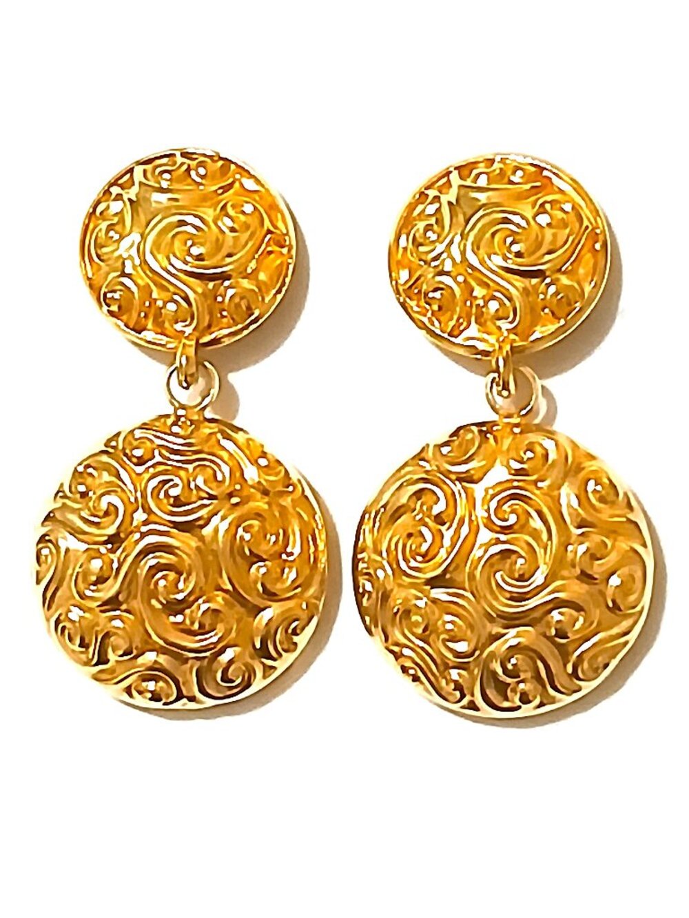 Vintage Gold Tone Double Disc Clip On Earrings Scroll Statement 2.25" Unsigned